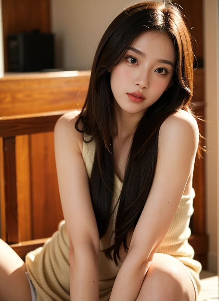 A perfect young female white-collar worker,Chinese,High picture quality,Works of masters,Black hair,Long hair shawl,Long hair flowing over the shoulders,Beach wave hairstyle,cropped shoulders,clavicle,exquisite face,Hydrated red lips,((Wear colorful and stylish summer sailor suits))(red colour,blue colors,green color,Violet-orange,In pink,amarelo,Printed clothing),Kurfo,,Colorful pleated skirt,Shadow lace skirt,Sparkling gemstone dress,Lightning astral dress,lumnious,white stockings,Lace material,Silk clothing,Real Human,( bookshelf background:1.5),CG rendering,16k,sitting at the table,Holding a laptop in hand,hand typing on laptop keyboard,look ahead, Blurred background, (full body shot), Shooting from a distance,eyes look straight into the lens, smiles, Very detailed, wallpaper, depth of field, movie light, lens flare, Ray tracing, live stream room, line purple neon light , smiles, Do not show your hands,Close-up shot