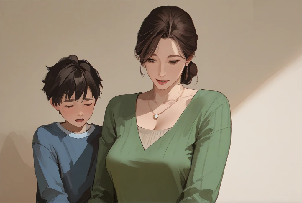 score_9, score_8_superior, score_7_superior, , Mature Woman, Mother and son, child, , , ,blush, sweaty,in front of house, ,NSFW