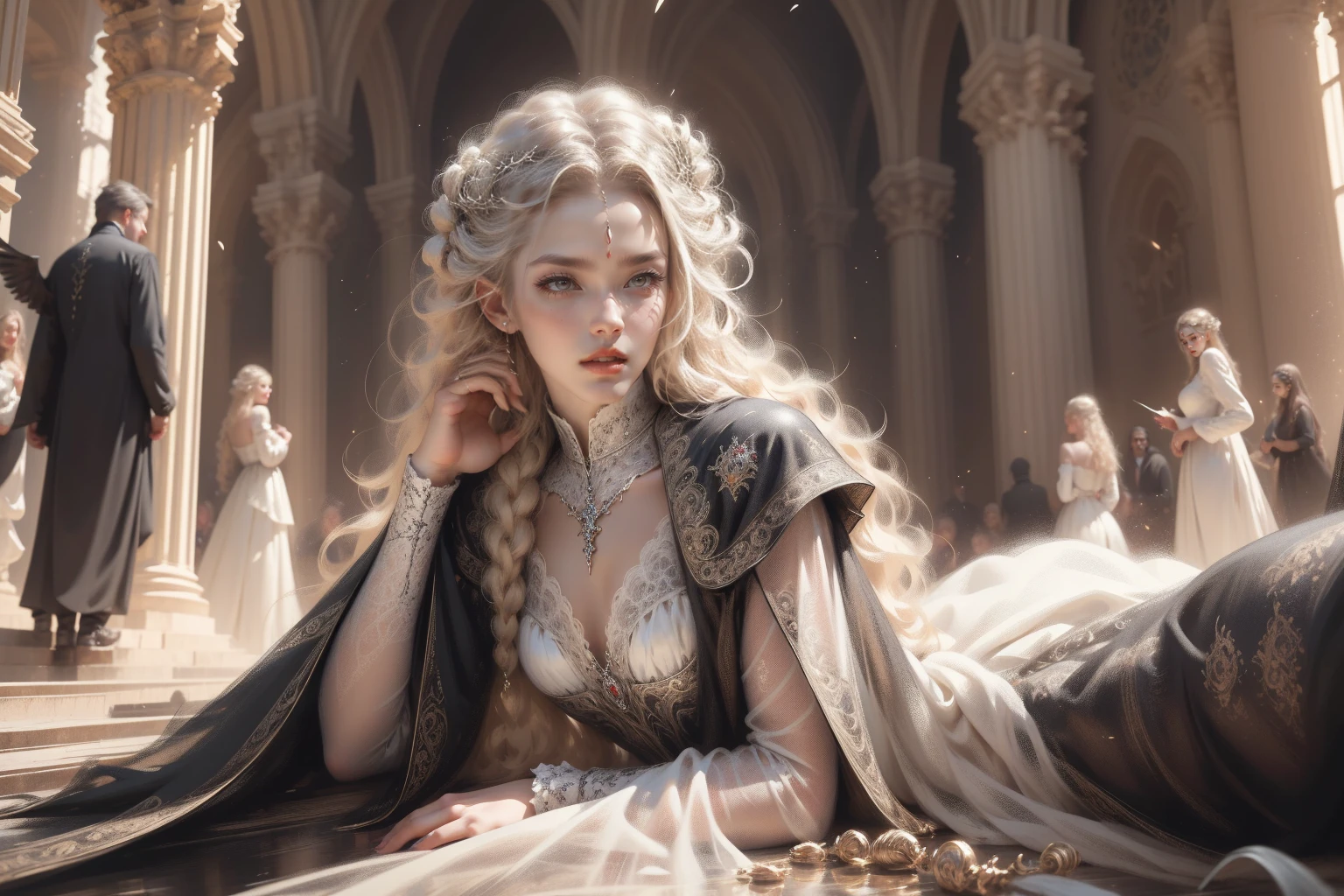 (Masterpiece - Ultra-detailed, very high resolution) Prepare to be enchanted by a true masterpiece that combines ultra-detailed art with high-resolution rendering. This work depicts a mesmerizing woman with very long blond hair (1.3) and captivating light blue eyes (1.2), emanating an aura of elegance and mystery in Victorian settings. The intricate details and realistic textures invite you to explore every aspect of this enchanting composition. Woman wearing beautiful classic Victorian costume from the year 1878. Red lips. Happy face. Smiling. (white dress:1.2). laying on the floor, upper body, dynamic poses. Get ready to dive into a world where beauty and craftsmanship merge perfectly.
