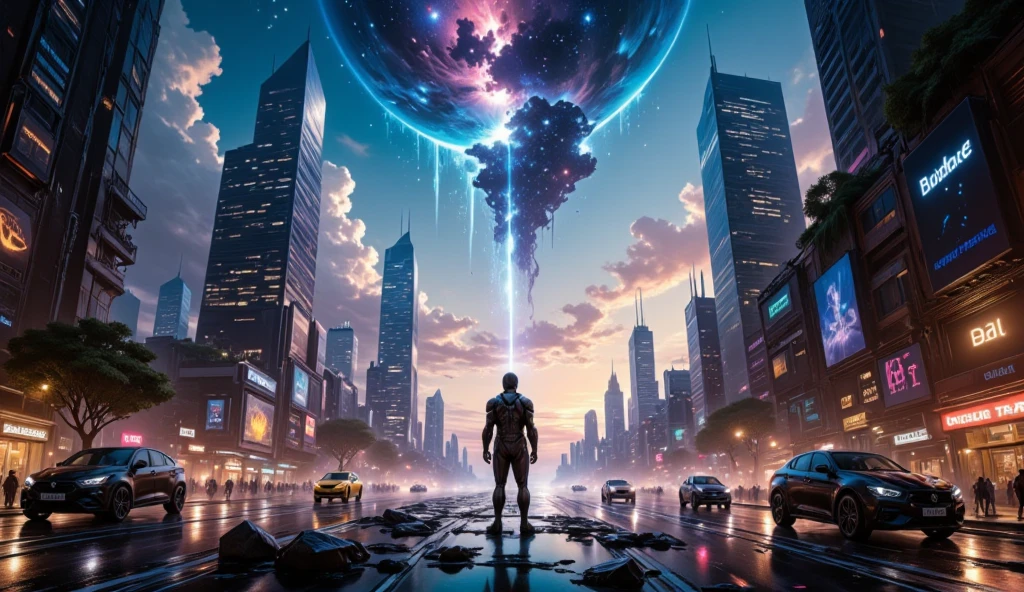 A dimensional collapse is seen in the center of the city, Galaxies and Falling Stars HD.