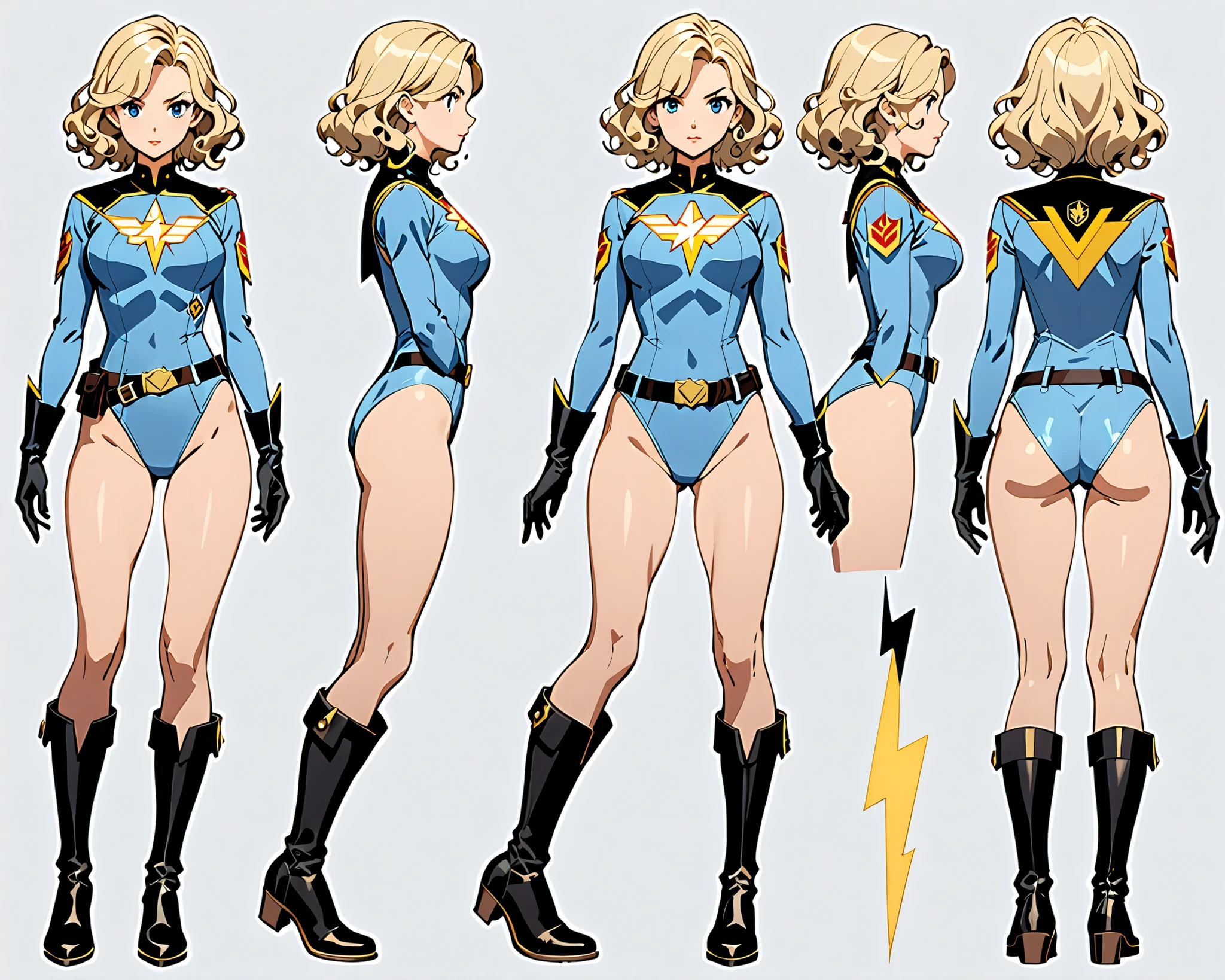 masterpiece, best quality, high res, 1girl, finger proportions coordination, (equal height), standard breasts, ((leotard, light blue leotard, lighting bolt \(emblem\) on chest, black fastened tight belt)), (black long sleeves), (bare legs), (black boots, matching boots, black gloves), solo, standing, superhero, beautiful detailed eyes, beautiful detailed face, blonde hair, (short hair), wavy hair, mature lady, teacher, perfect anatomy, simple background, (multiple views of the same character, turnaround, model sheet, character sheet full-length).