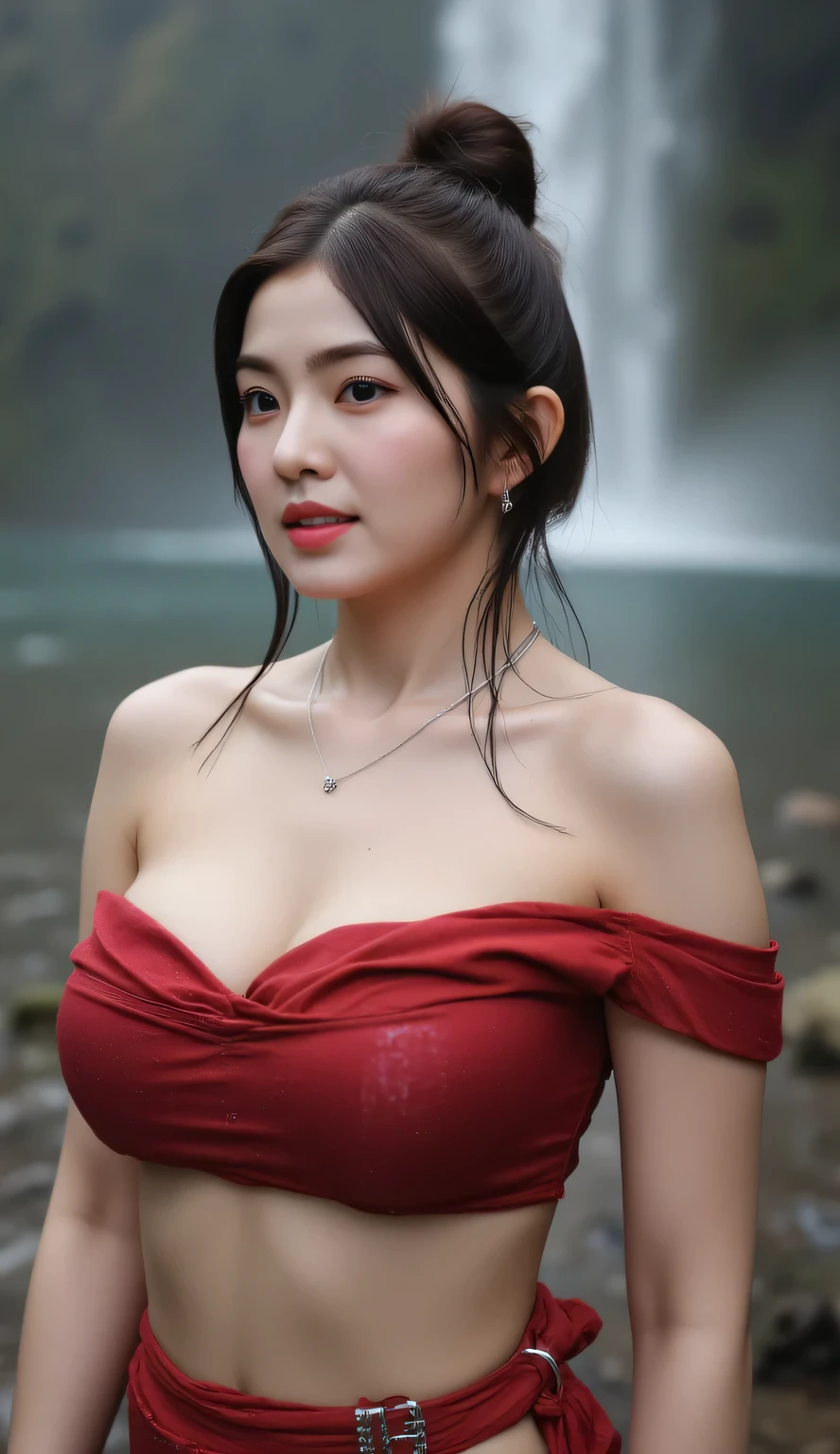 RAW, Best quality, high resolution, masterpiece: 1.3), beautiful Arabian woman, Masterpiece, rain, perfect wet soaked body, wet clothes, (huge breasts:1.3), cleavage cutout, open breast, black chignon hair, open stand, realistic, dark hairy pussy, Soft smile, thick thighs, she is about 20 years old, pale white skin, wearing a sexy red sarong short dress, ((whole body)) turning away facial at viewer, closeup, heavy mountains, misty, fog, woman standing in the waterfall,