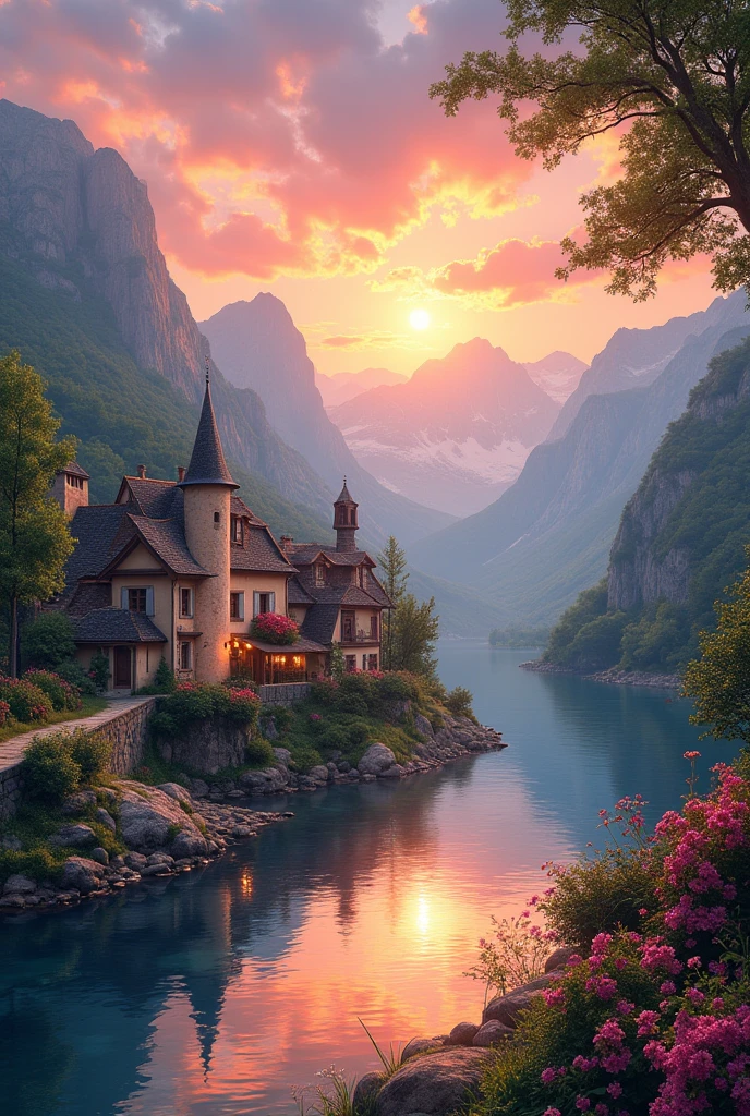 a small village by the river, mountains in the background, floral flowers colorful, detailed landscape, Beautiful natural landscapes, atmospheric lighting, scorching sunset, warm colours, practical, photopractical, Detailed Foliage, complex buildings, cobblestone street, Charming country house, swirly vibrant colors, lush vegetation, Still water reflections, Picturesque, idyllic, work of art, best qualityer, 8k, extremely detaild,anime styling