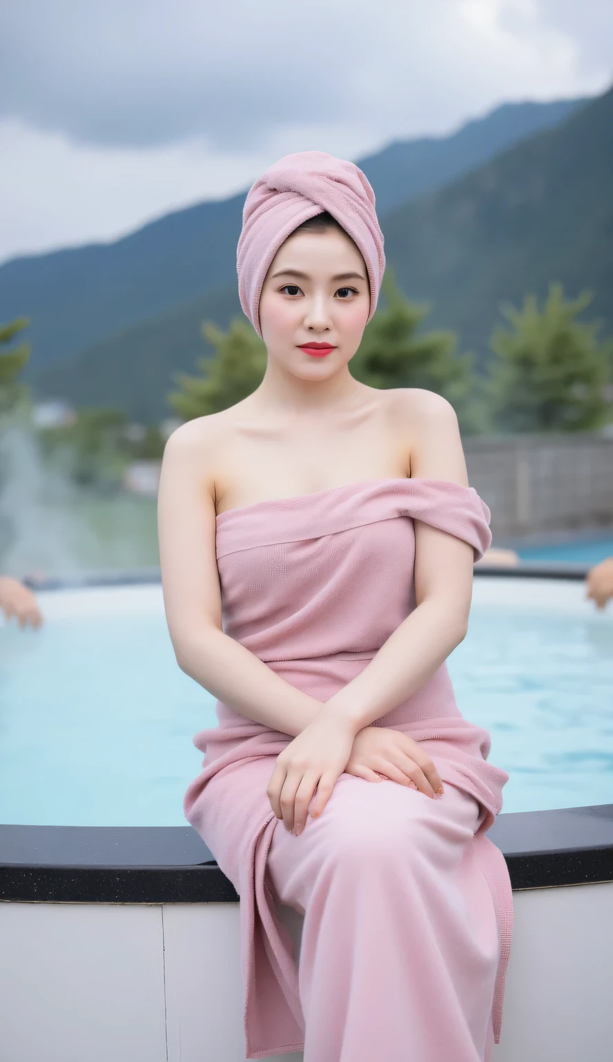 a woman, sitting strapping on the edge of an open hot spring bath, visible mountain with clear sky, hot water vapor is visible all around, body facing front, Eyes looking at the camera, wearing a towel wrapping the body, wear pink satin hijab, big size G-cup, face seductive expression, slim waist