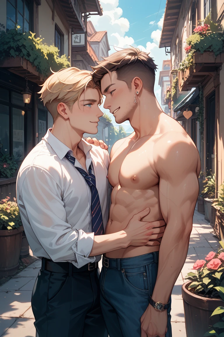 2 men, Photo-realistic, close-up. A 24-year-old male, medieval warrior, with shaved blonde hair, stubble, and blue eyes, shirtless, wearing gray leather shorts, and a 19-year-old, fit, handsome, medieval man with shaved, brown hair, slight stubble, and blue eyes, shirtless. They look blissfully at each other, cuddling with each other, leaning on a castle wall on a crisp spring morning.