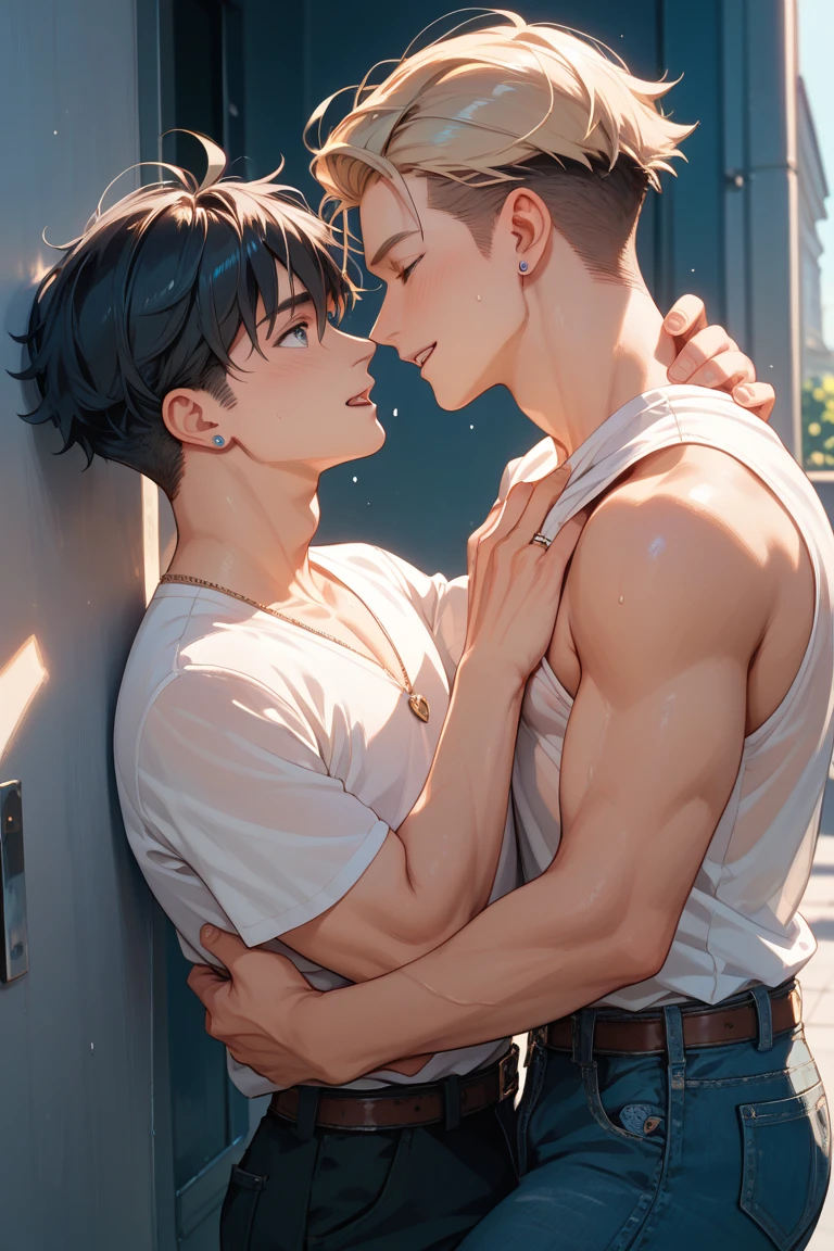 a young man who has a bright white skin and narrow black eyebrows with vangs he it forcibly hugged by another young man who seems obsessed with him