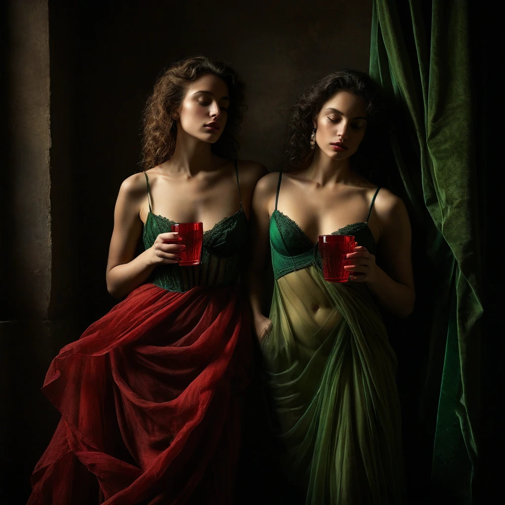 In a captivating exhibition of classical Italian art, two mature friends of stunning beauty, with a splendid figure and fair complexion, they caress each other. They dress with two pieces of  red fabrics that reveal their voluptuous curves. Broken clothes covered by  red and green cups, they reveal a deep cleavage, This exquisite portrait, similar to a Jan Saudek Style Photograph, show the attractive features of women with grace and charm. The background in a warm colored bedroom interior , ochre and green . Detailed brushstrokes enhance the delicate textures of her attire and the softness of her skin, creating a fascinating, high-quality image, timeless and captivating. The combination of realistic textures with dreamlike elements creates a sense of mystery, transcendence and an invitation to travel into the unknown and create a visual masterpiece of great quality and captivating beauty, In a warm inner world of dreams, and with many details, magical realism, Canon eos 5d mark 4 , lighting by Rembrandt. (dark realism 0,5 stat 1 int 1)