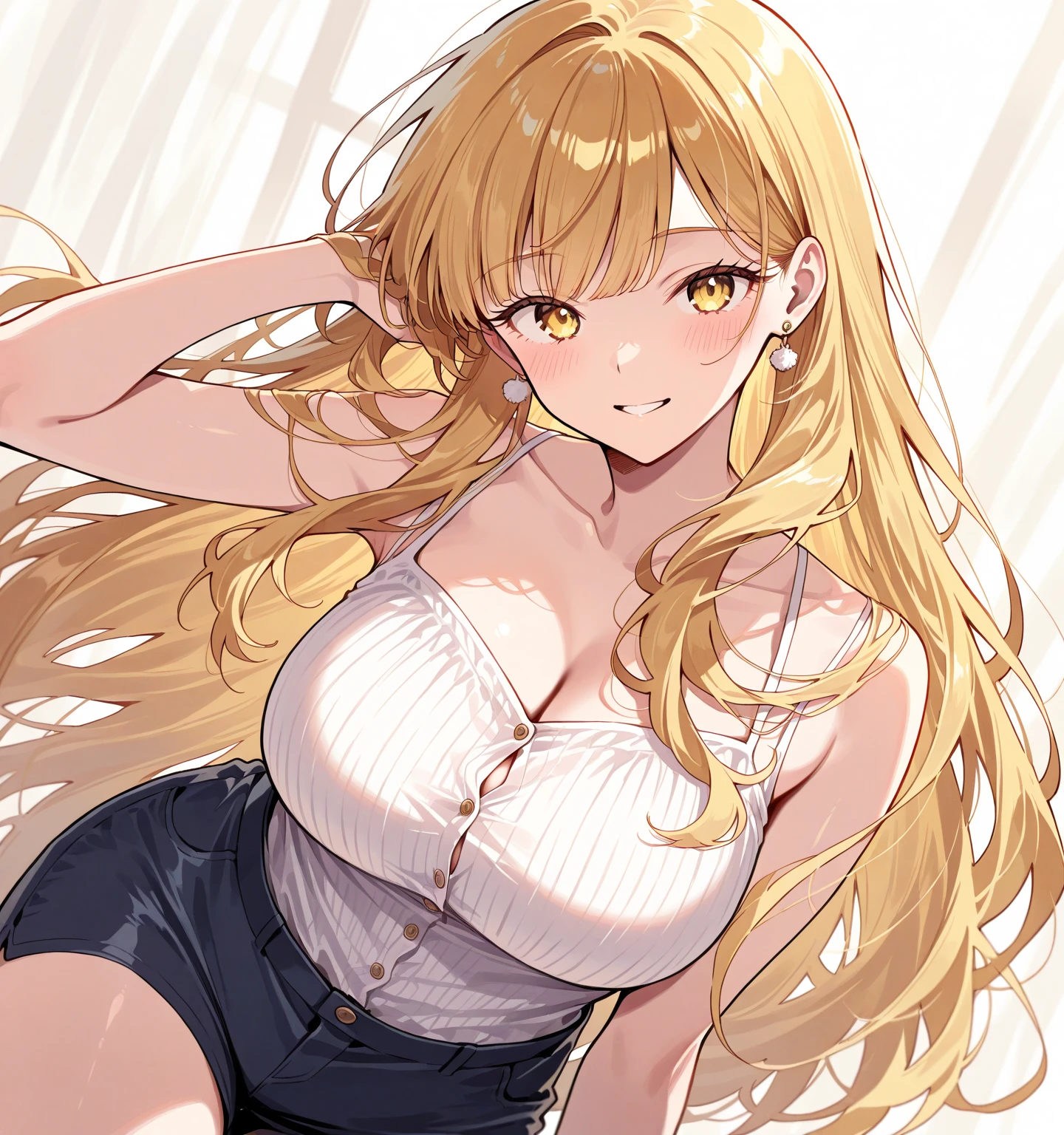 realistic image, coherent image, detailed image, 1 beautiful elf, She has long, straight and silky blonde hair, long eyelashes. Ruby eyes. Her face is oval and delicate, smiling. She is wearing a T-shirt showing her navel, ripped shorts, and sneakers. She has a curvy body, medium breasts, thick thighs, volumetric lighting, natural lighting,
