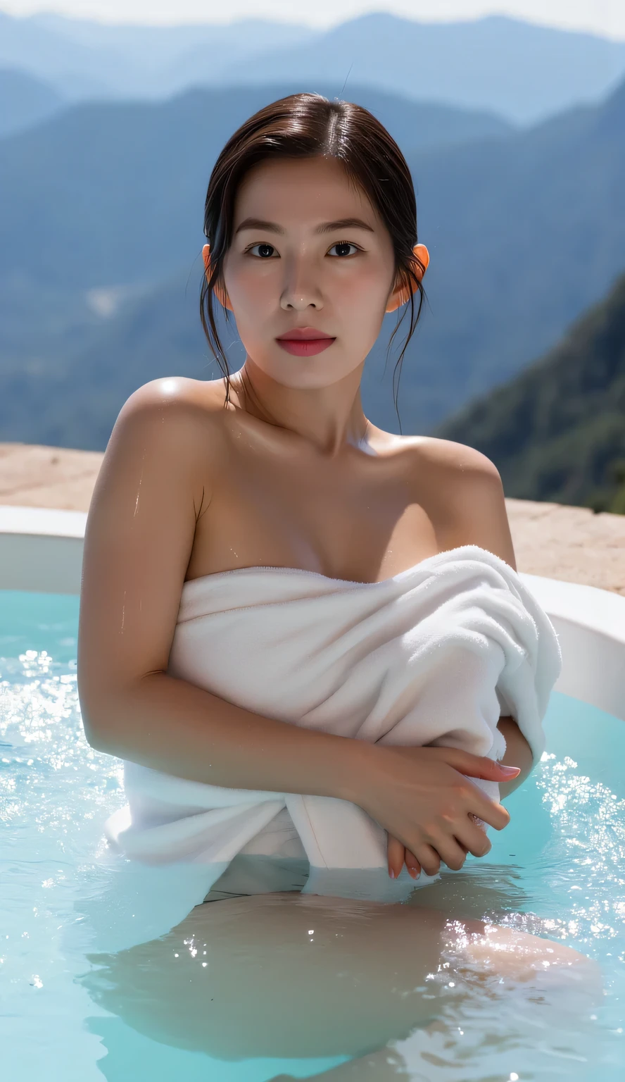 a woman, sitting strapping in an open-air hot tub, visible mountain with clear sky, hot water vapor is visible all around, body facing front, Eyes looking at the camera, wearing wet towel wraps body, big size G-cup, face seductive expression, slim waist, all over wet body