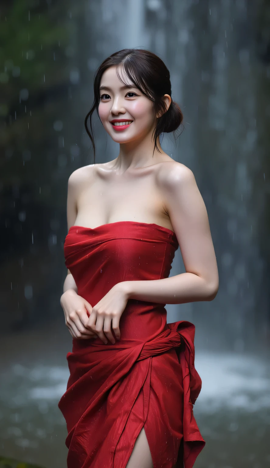 RAW, Best quality, high resolution, masterpiece: 1.3), Masterpiece, rain, perfect wet soaked body, wet clothes, (huge breasts:1.3), cleavage cutout, open breast, black chignon hair, open stand, realistic, dark hairy pussy, Soft smile, thick thighs, she is about 20 years old, pale white skin, wearing a sexy red sarong short dress, ((whole body)) turning away facial at viewer, closeup, heavy mountains, misty, fog, woman standing in the waterfall,