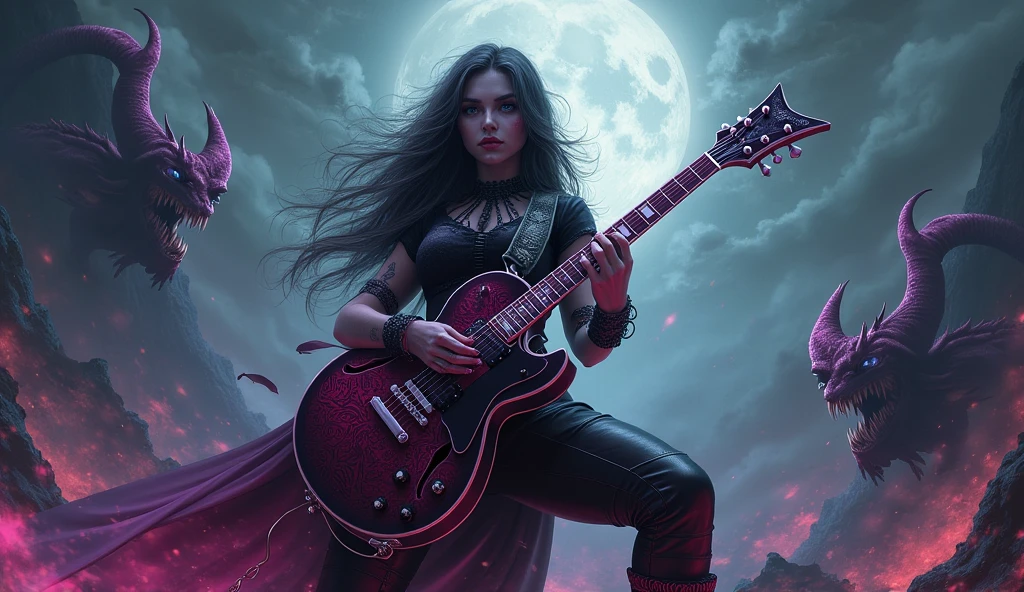 mystical woman, playing a heavy metal electric guitar, is surrounded by an atmosphere of gothic music and fantasy demons, creating a unique sound, that takes listeners to new heights.