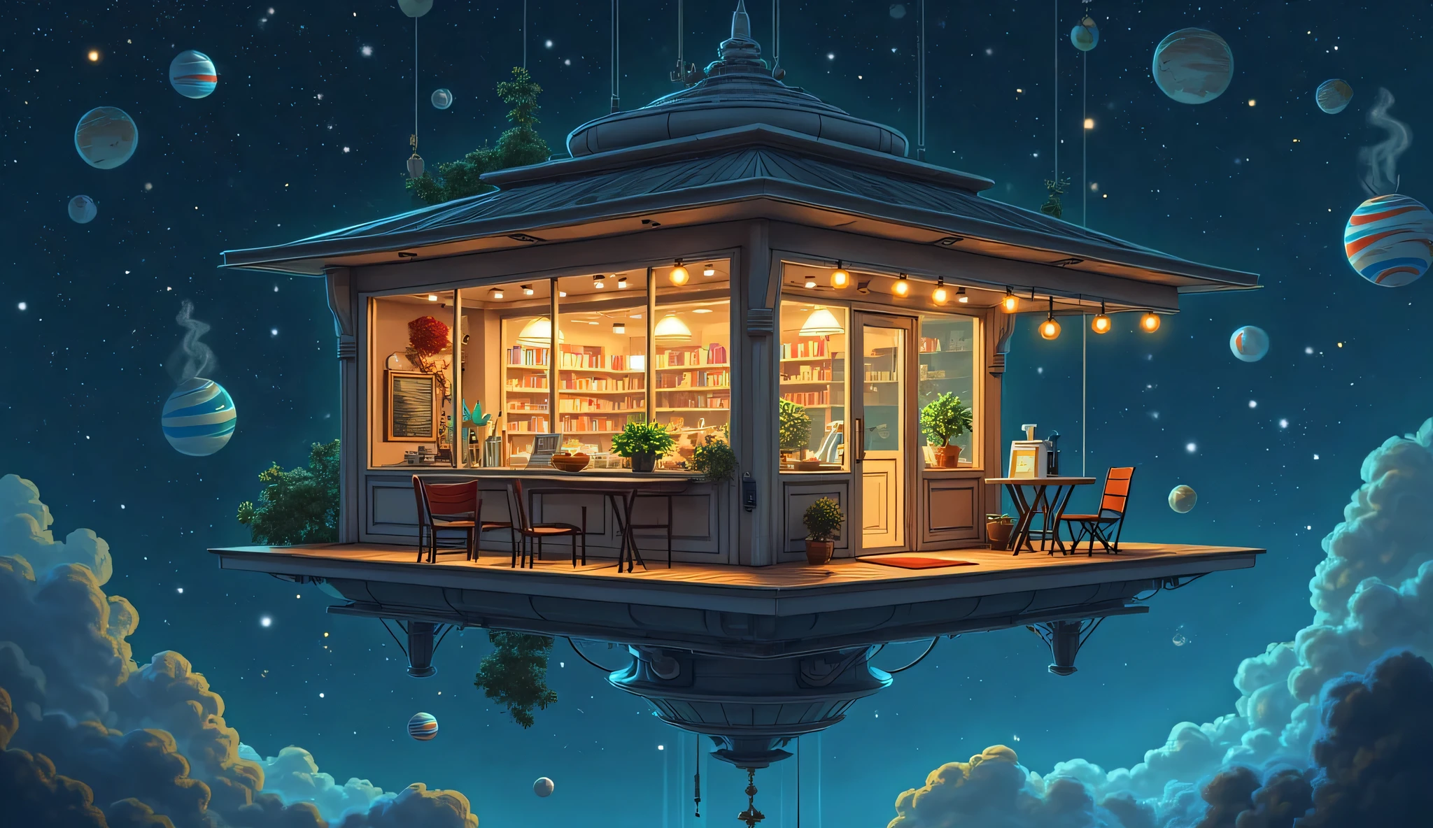 A cozy little café floating in outer space, attached to a small orbital platform with glass windows showing distant galaxies and stars. Warm light spills from inside, steam rising from mugs, books and potted plants floating gently in zero gravity. Studio Ghibli-inspired style, magical sci-fi with a peaceful and whimsical mood. 4K, painterly style.

