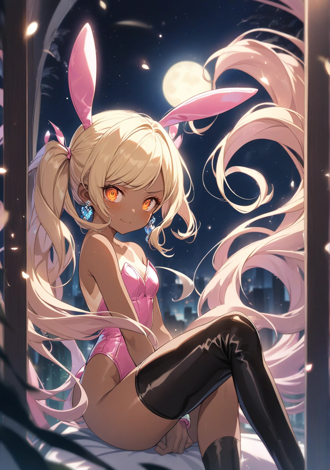 brown skin、adult woman、bunny girl costume、Blonde long ponytail、pantyhose、red light district