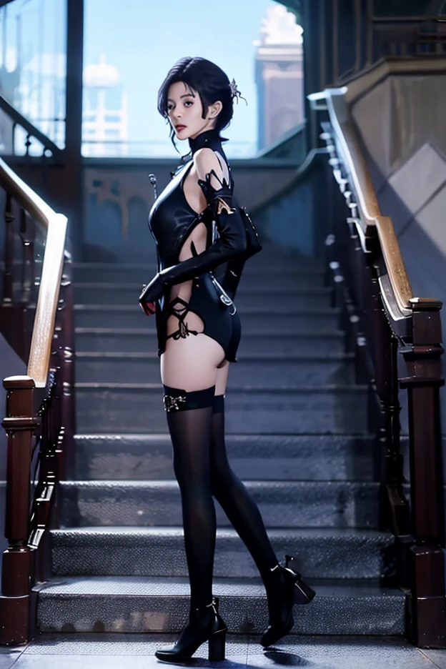 (best quality,highres),(realistic:1.37),dark,goth,woman, eyes,detailed face,black clothes,bobcut black hair,straight bangs,pale skin,red lipstick,intense expression,mysterious atmosphere,gothic background,dim lighting,night,vivid colors, fishnets, topless, fullbody, on her hands and knees, submissive girl, thick thigs, imminent deepthroat, cumshot pose,