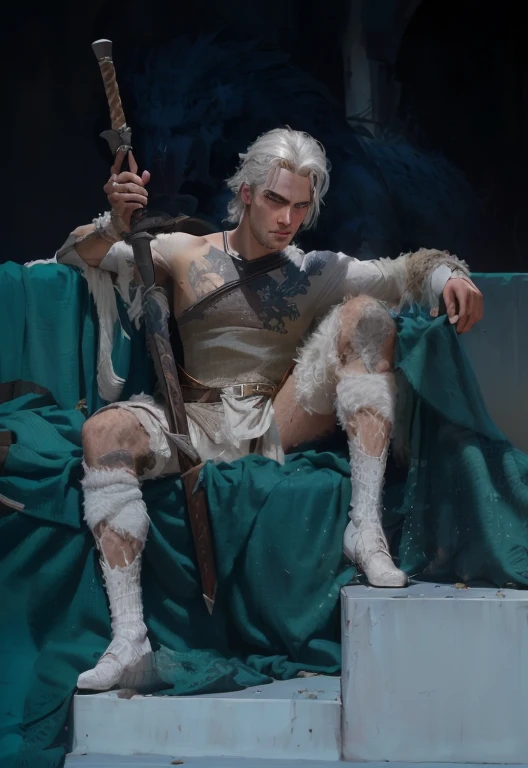 hot dragon man, crawling in snow, long white hair, elf ears, scales over body, fantasy style