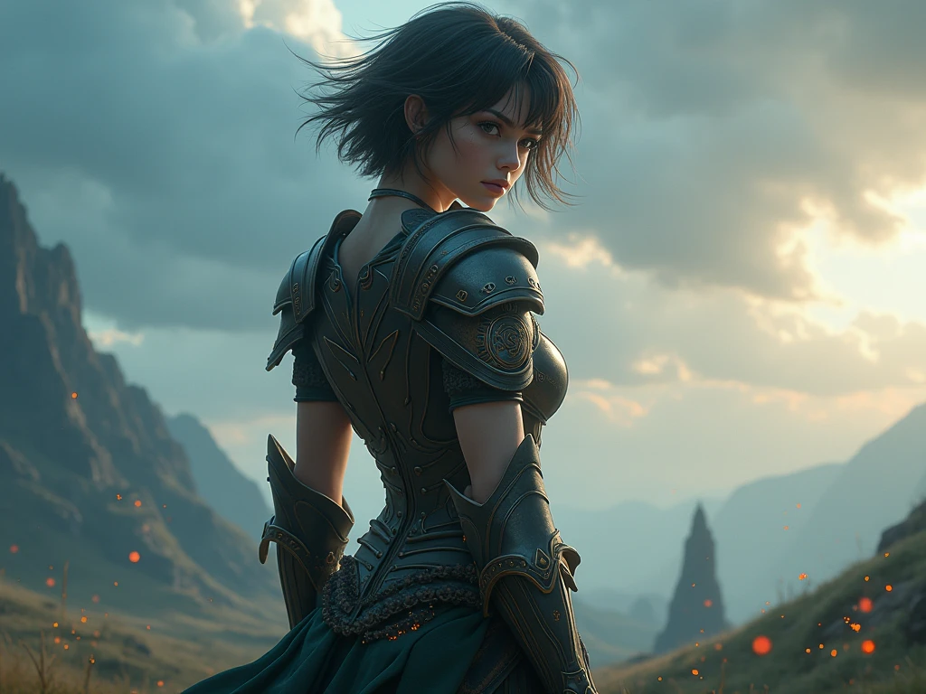 A stunning female character inspired by the fantasy style of Chrono Odyssey, standing with her back turned and looking over her shoulder with a serious and mysterious gaze. She has a captivating and curvy figure, wearing an elegant and detailed fantasy armor with subtle glowing runes. Her short hair is slightly tousled by the wind. The background features a mystical battlefield with a dramatic cloudy sky and faint magical particles in the air. The lighting is cinematic, highlighting her silhouette and facial expression. High detail, fantasy art, dramatic atmosphere, 4K resolution, realistic rendering, epic mood.
