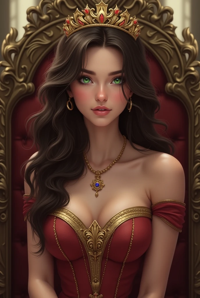 ((realistic:1.5)),((best quality)), ((masterpiece)),((detailed)), (1girl), a beautiful female (upper body:1.3),,super-wide-angle lens, face focus, toned muscles, long legs, slim thighs, narrow hips, green eyes, long eyelashes, large breasts, (detailed face, dreamy smile, beautiful eyes, detailed clothes, clear background:1.3), (Normal skin, messy brown hair, outlined eyes, outlined face, bracelet, Full body), wearing black robe, heels, sexy posing, flowers, detailed palace background, best shadow, bright details, sharp, perfect composition, Intricate, Sharp focus, dramatic