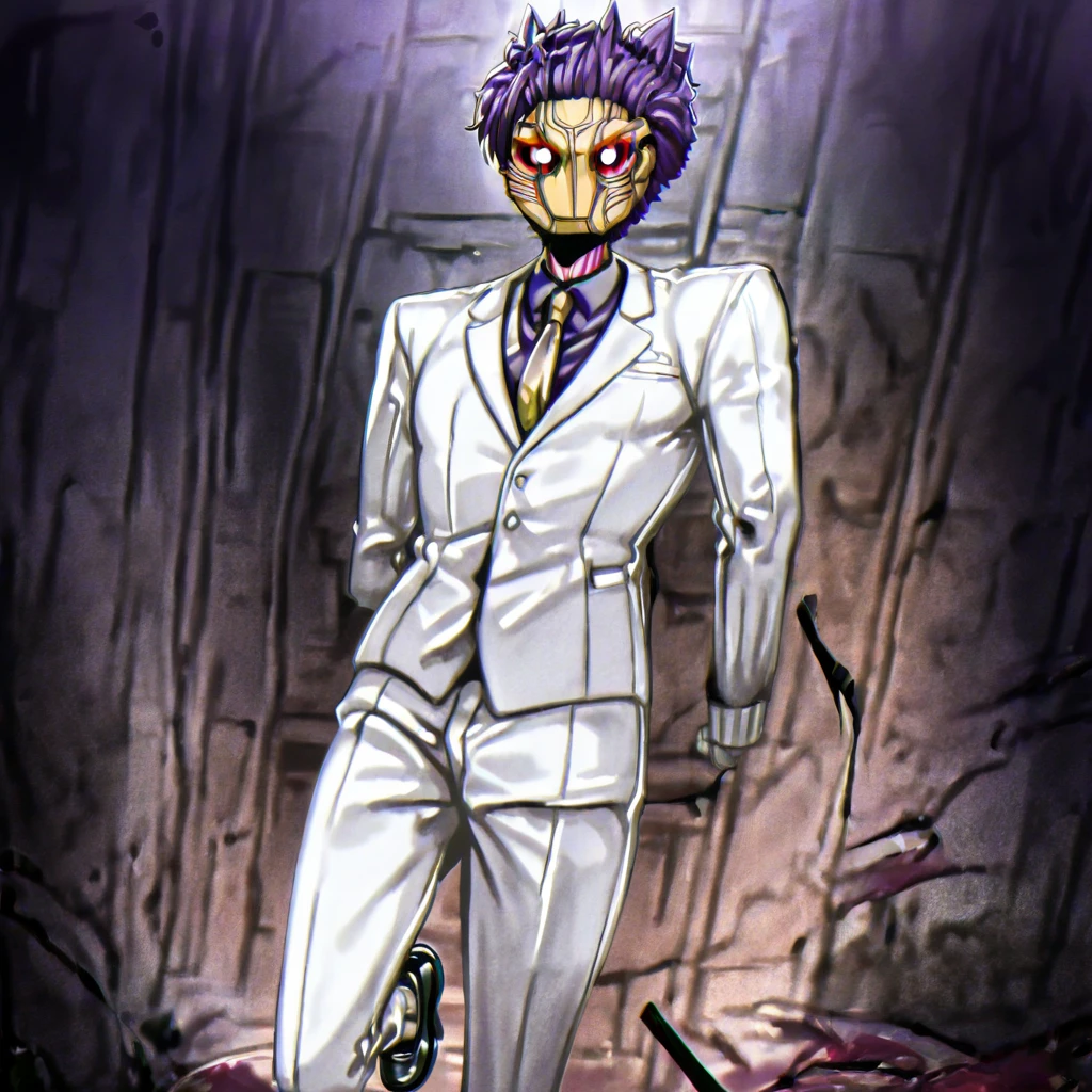 um homem de terno roxo segurando uma carta de baralho, homem atraente, cartas de baralho, character, imagem de anime, white mask,arte completa, arte oficial do personagem, official character illustration, Magician's hat, purple hat