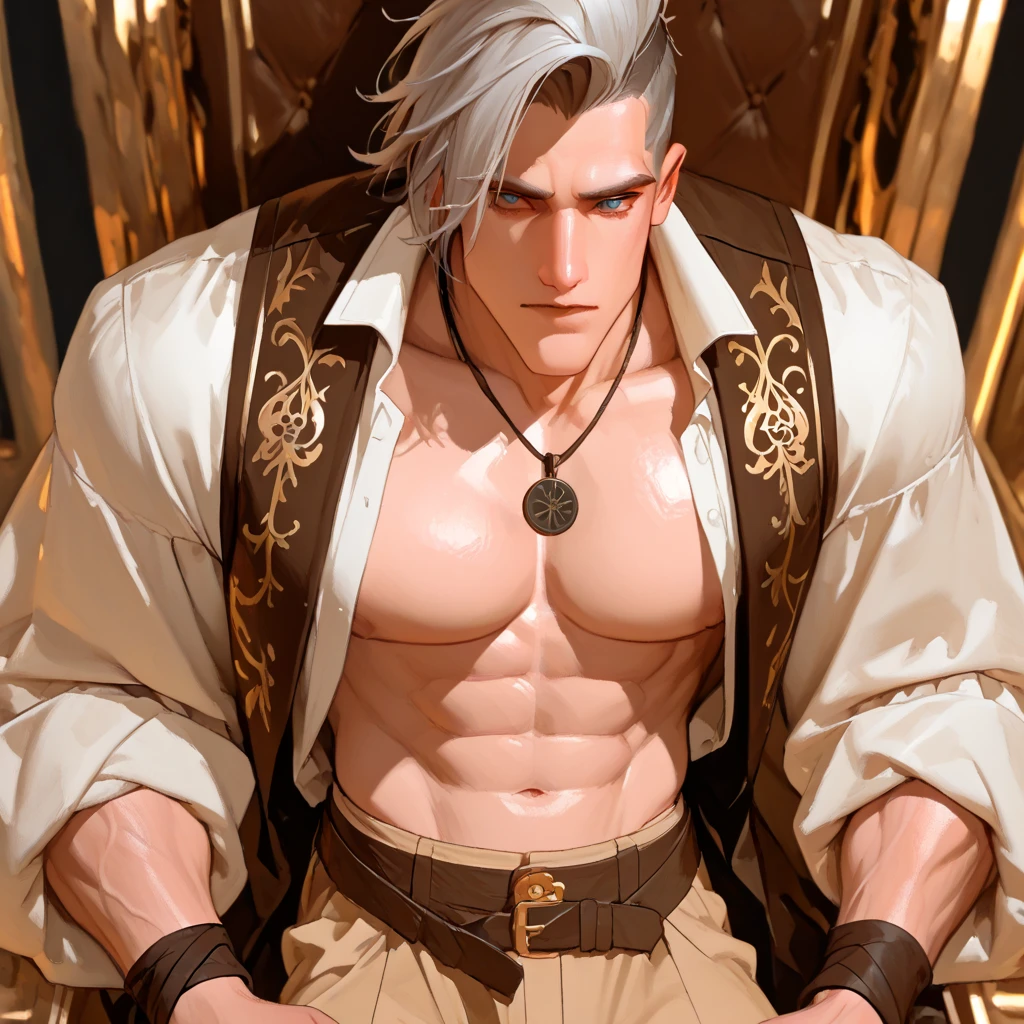 (8k,shipmentsrrealista shipments Maximum quality;1.4) (1 young boy) Super handsome king of the underworld (lifelike face) (LONG white hair, bright white floral hair) slenderbody Muscular and hairy and macho Bright white floral aristocratic costume with large golden eyes bright white floral decoration Fangs peeking out of the mouth Pointed claws a seductive gaze Beautiful expression A hyper-realistic (King of the Underworld) appealing (real looking skin) super high resolution high détail Luxury white floral pants golden pink white aura emanating from the body effect white floral transparent cover