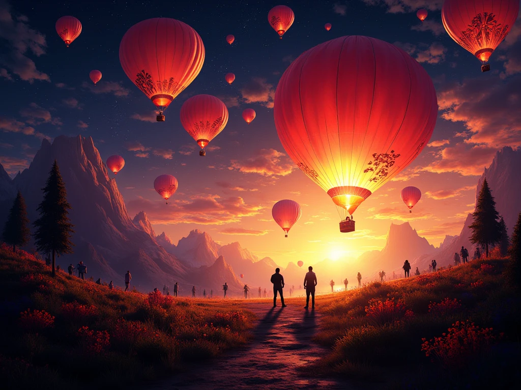  masterpiece in 4K , hyperrealistic image, Cantoya balloons at night in the foreground, People against the light, warm environment.