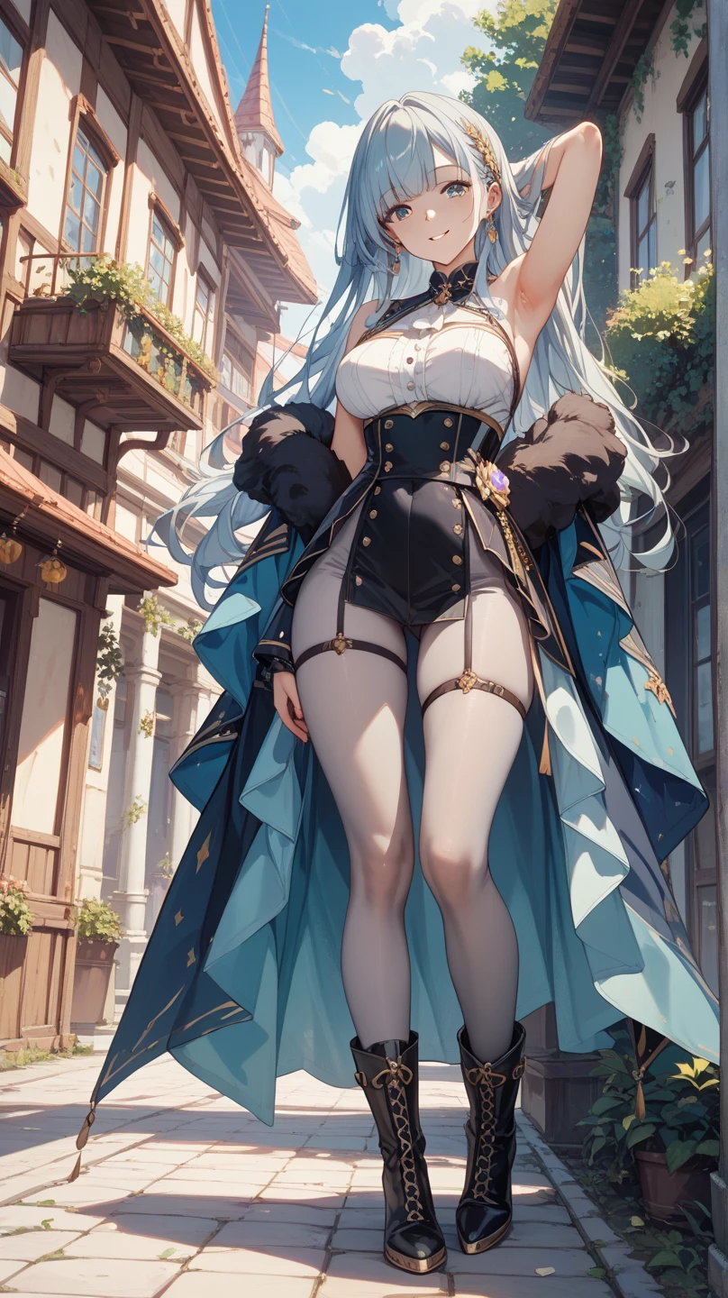 ((2D beautiful girl、top-quality、Perfect Finger 1.1、Perfect Anatomy 1.1、extremely delicate and beautiful illustration))、Solio、cute petit girl、(transform sequence)、(blanche(Princess leotard))、8years old、elementary student、Lori、Chiquita、Fractal Art、baby-face、((stright long hair))、big drooping eyes、A smile、Full body depiction、(1 persons)、(white aristocratic leotard)、blue sky royal palace courtyard、The color of the costume is blue and white、cat ear、Princess、
