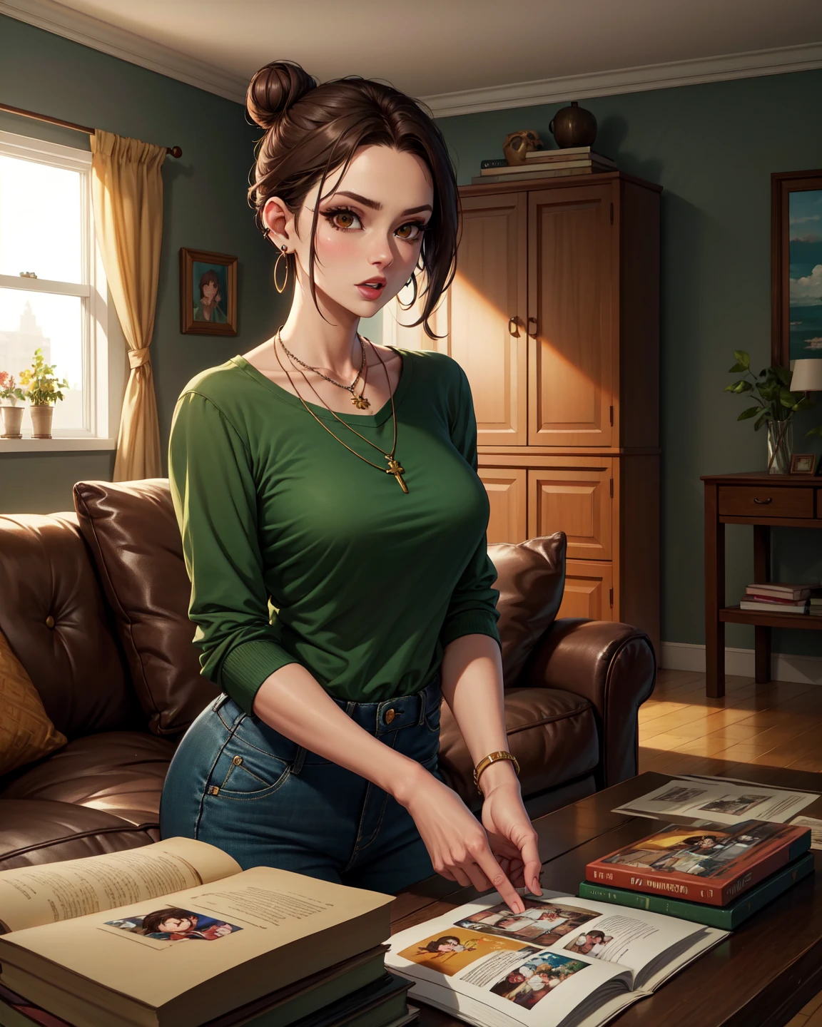 Debbie,brown eyes,hair bun, 
green shirt,pants,earrings, necklace, 
home,indoors,living room,
(insanely detailed,masterpiece, best quality),