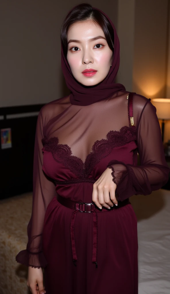 a woman in the translucent black night gown, half naked, nipple on with nipple piercing, wearing satin hijab, full body,mermaid tight long gown, flowy dramatic long gown,very long flor length gown, tall women,bring a file folder, wear glass, in office, sexy face, sexy pose laying in bed, wear high heels, masterpice