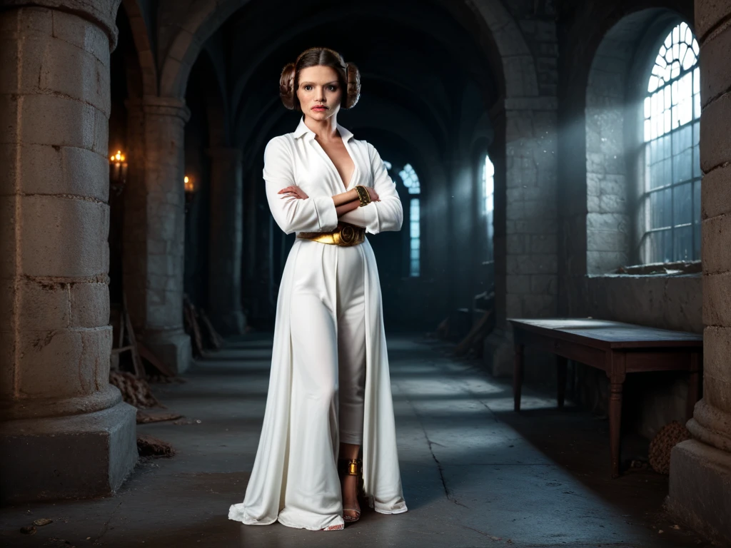 SFW,Princess Leia in erotic (Sklave_Outfit), Verlies,golden shackles, full body,photorealistic,extremely detailed,8K,high resolution,HDR,malerisch,Professional,vivid colours,Captivating Pose,Tense facial expression,sensual eyes,detailed facial features,golden shackles an Armen und Beinen,dark mysterious dungeon environment,gloomy atmospheric lighting,photorealistic 3D renders