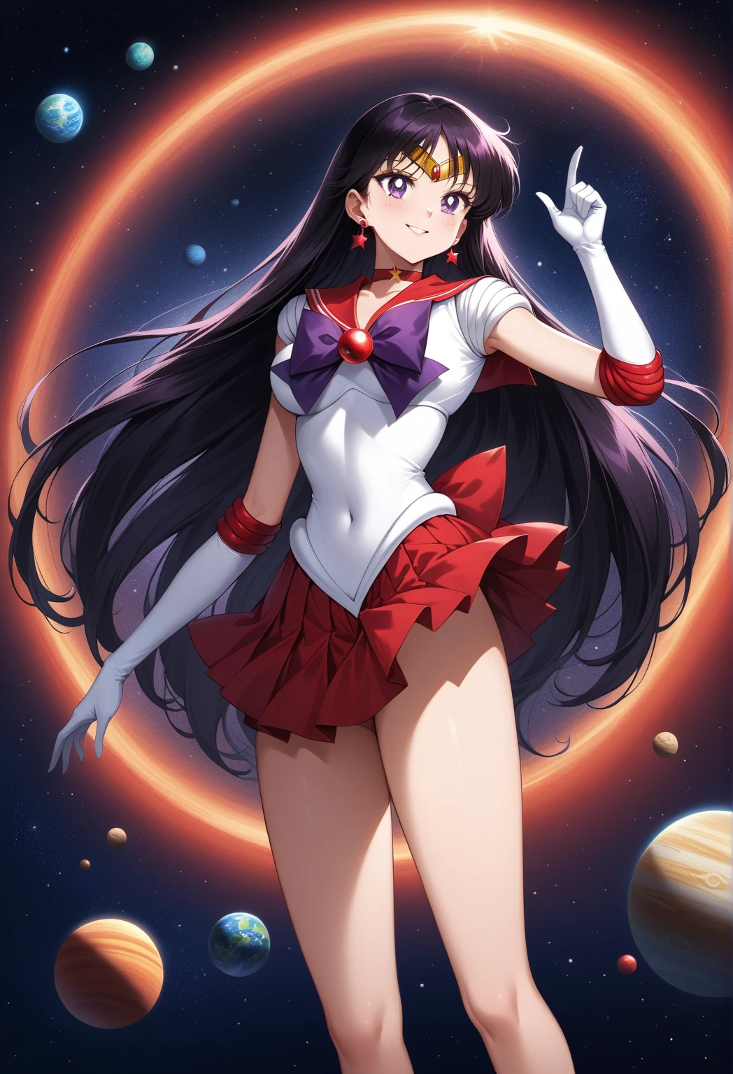 sailor mars, 1 girl, black hair, long hair, black eyes, detailed eyes, simple background, female focus, alone, Standing, rei hino, portrait, full body, (Masterpiece:1.0), (best quality:1.0) , (8k wallpaper:1.0), (detailed beautiful face:1.0), (detailed deep eyes), deep eyes, looking at viewer, sailor scout, purple bow on chest, red skirt, white gloves,
