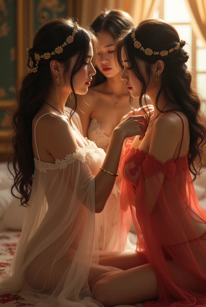 A provocative and sensual image unfolds before us. Two Korean girls, 22 years old, lie asleep in a deep, black coffin surrounded by plush pillows. They wear red see-through dresses with lace details, off-shoulder designs, sleeve, and huge skirts that cascade around their bodies. The dresses are cut low to showcase their beautiful breasts, fixed with a subtle cleavage cutout. Their faces are flawless, with perfect eyebrows, eyelashes, and skin tone. One girl's hair is styled in a ponytail with bangs framing her face, while the other has a bun adorned with wisps of hair framing her closed eyes. The overall atmosphere is one of intimacy and sensuality, with saturated colors enhancing the mood. Note the visible breasts and perfectly manicured hands that peek out from beneath the skirts, which are strategically covered to conceal their legs, ba11g0wn