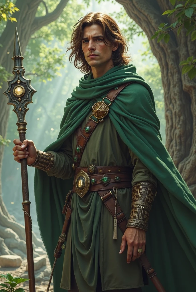 A male half-elf occultist with medium-length brown hair, with a simple moonstone staff and visible leather armor, with a green cloak and a dagger on his belt.. It is located in a city built on a giant tree. Her eyes sparkle with white light