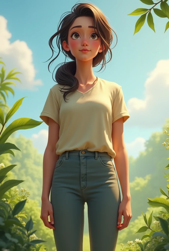 3d animation pixar style, 20-year-old girl, agronomist, thin, with white skin, medium-length dark brown hair, wearing jeans with a buckle belt, wearing ankle boots, in the middle of a plantation