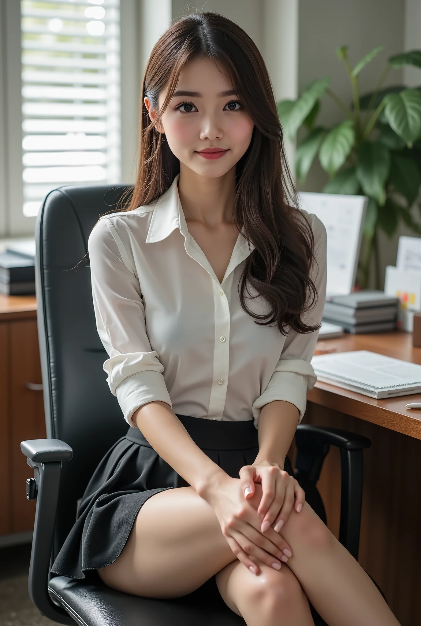 事務室で働くgirl, sitting on a office chair, (realistic, realistic: 1.37), (masterpiece), ( best quality: 1.4), ( Ultra High Resolution: 1.2), ( RAW photo: 1.2), ( sharp concentration: 1.3), ( focus on the face : 1.2), elegant, (full body: 1.2), best quality, masterpiece, ( realistic: 1.2), girl, brown hair, brown eyes in the oral vagina , Front, Detailed Faces, Beautiful Eyes, Pleated mini skirt , ( Super realistic Pantyhose :1.3), sit on a chair、Intense smile, Lots of Lashes, high heels , Very Beautiful, thigh high socks,