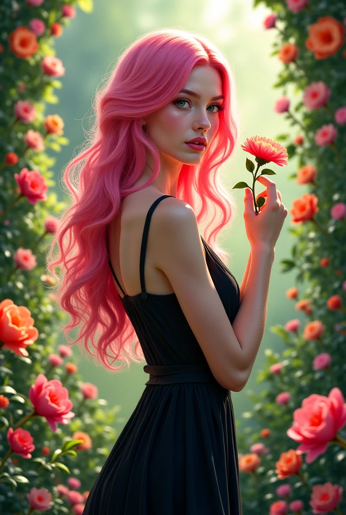  pink-haired woman,looking forward, long dress in the color black, in a flowery garden, with a flower in hand.
