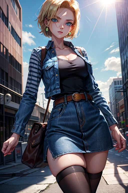 android 18, android 18, blonde hair, blue eyes, eyelash, hoop earrings, short hair, earrings, break belt, black legwear, black shirt, breast pocket, cleavage, clavicle, denim, denim skirt, high-waist skirt, jewelry, long sleeve, pocket, shirt, shirt tucked in, skirt, striped, striped sleeves, waistcoat,, break outdoors, city, null, cloud, sun, break looking at viewer, (cowboy shot:1.5), break (masterpiece:1.2), highest quality, High resolution, unity 8k wallpaper, (shape:0.8), (beautiful and detailed eyes:1.6), highly detailed face, perfect lighting, Very detailed CG, (perfect hands, perfect anatomy)