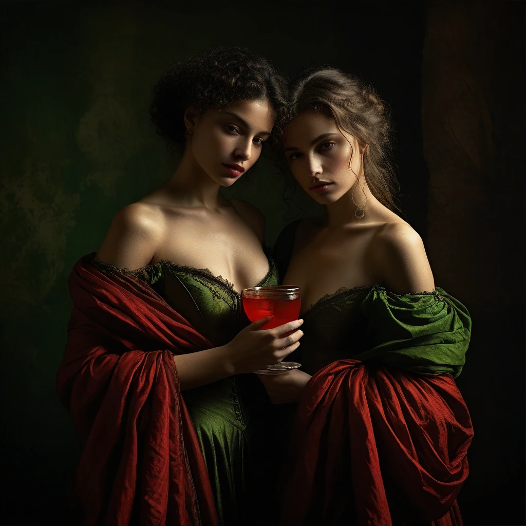 In a captivating exhibition of classical Italian art, two mature friends of stunning beauty, with a splendid figure and fair complexion, they caress each other. the hands are on top of each other's arms. they dress in two pieces of transparent red fabrics that reveal their voluptuous curves. Broken clothes covered by transparent red and green cups, they reveal a deep cleavage, This exquisite portrait, similar to a Jan Saudek Style Photograph, show the attractive features of women with grace and charm. The background in a warm colored bedroom interior , ochre and green . Detailed brushstrokes enhance the delicate textures of her attire and the softness of her skin, creating a fascinating, high-quality image, timeless and captivating. The combination of realistic textures with dreamlike elements creates a sense of mystery, transcendence and an invitation to travel into the unknown and create a visual masterpiece of great quality and captivating beauty, In a warm inner world of dreams, and with many details, magical realism, Canon eos 5d mark 4 , lighting by Rembrandt. (dark realism 0,5 stat 1 int 1)