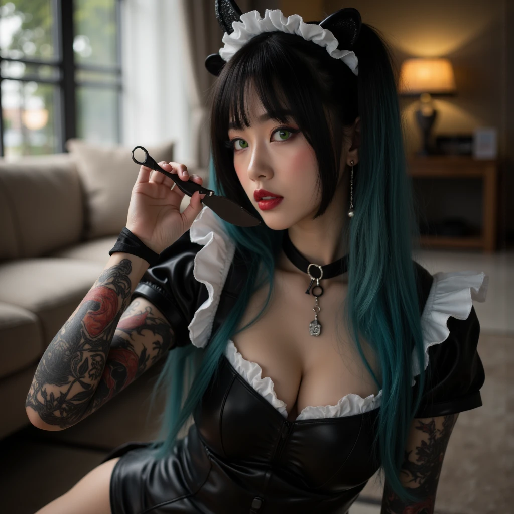 Mujer araffada con tatuajes sentada en una cama con animales de peluche., 1 7 - year - old gothic girl, con coletas negras, gothic girl, y 2 k cutecore clowncore, punk doll, entintado, vestido con ropa crustpunk, masuimi max, grueso, contraction serpentine, muy hermosa top model gotica, tomado en 2 0 2 0