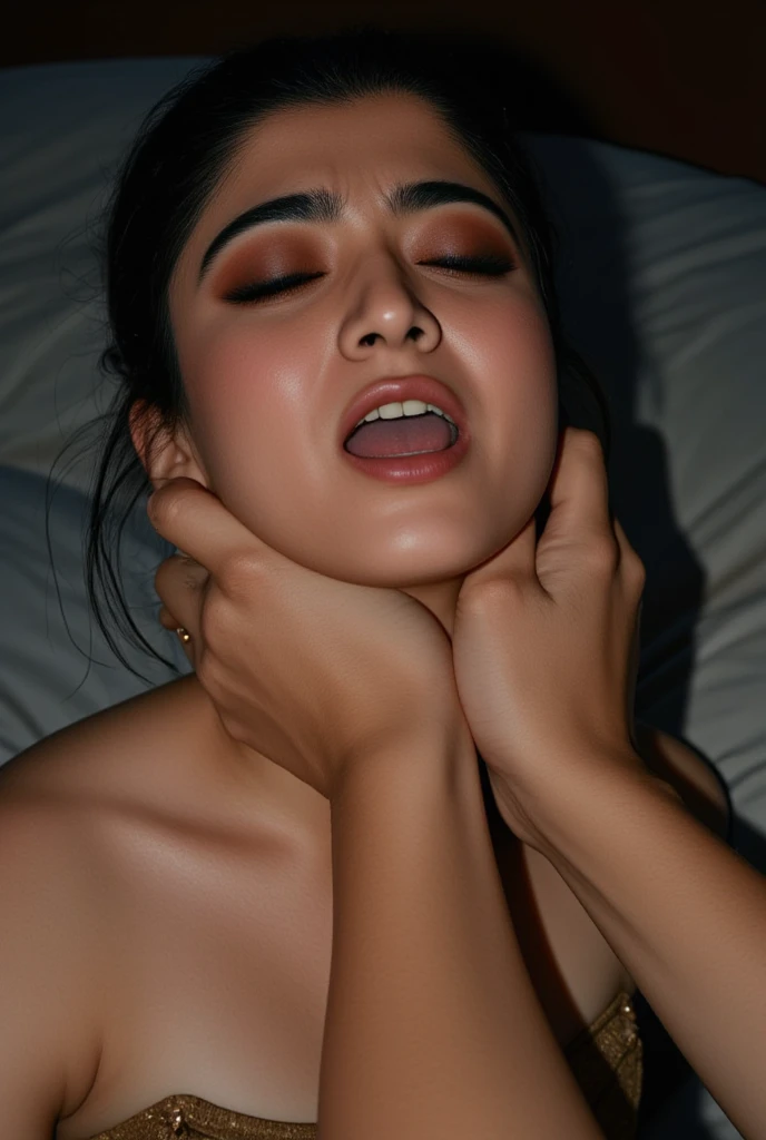 ultra realistic, photography, long black straight hair in a ponytail, (30 years old, hazel eyes, hourglass figure, perfect fit body, slightly tanned skin, natural big breasts), extremely detailed artgerm, in the style artgerm, facing the camera, in bed, she is naked, she is on all four leaning on her elbows on the bed, there is a completely naked and muscular brown haired man kneeling behind her, he is grabbing her hair and pulling her head back, she has her eyes closed she is screaming loudly in pleasure as she is having an orgasm, she is grabbing the sheets of the bed with her hands
