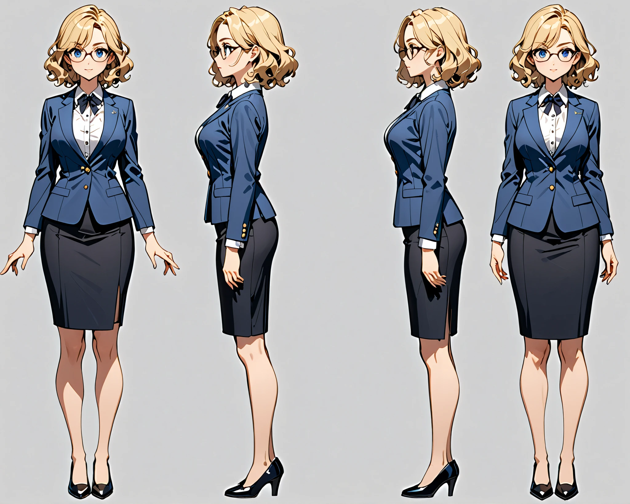 masterpiece, best quality, high res, 1girl, finger proportions coordination, (equal height), standard breasts, blue formal jacket, white collared shirt, skirt, pencil skirt), bare legs, glasses, black shoes, solo, standing, beautiful detailed eyes, beautiful detailed face, blonde hair, (short hair), wavy hair, mature lady, teacher, perfect anatomy, simple background, (multiple views of the same character, turnaround, model sheet, character sheet full-length).