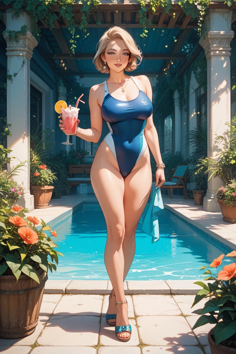 Ebony skin, (Best quality, 4k, Masterpiece :1.3), beautiful woman, hyper realistic, 1girl, ((turned back looking sunset)), (drooping breasts, attractive body :1.2), sit-ups :1.1, short red hair: 1.1, (wet rainy, wet by rain, wet body :1.2), ultra-detailed face, detailed lips, detailed eyes, double eyelid, sensual low-necked dress, open neckline, hanging breasts, side pose, visible curves, pool , poolside, red transparent robe, sunglasses, muscular turned leg, Body position: Standing, straight, symmetrical, barefoot, Lustful smile on face with red blush