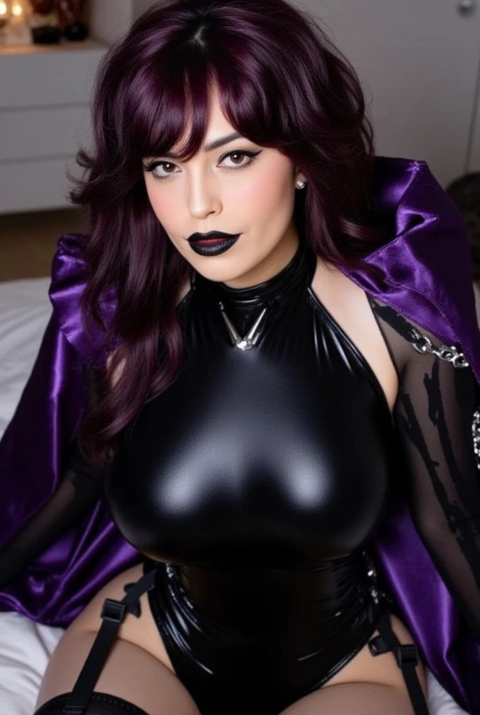 woman Hair: dark curly hair with purple stripes Makeup: Goth Build: Thick, beautiful cleavage, 36 inch tits, with big hips, Outfit: Dark purple unique attire with black and purple accent, with sealed bottoms Personality: Enigmatic, confident, alluring, and flirty woman