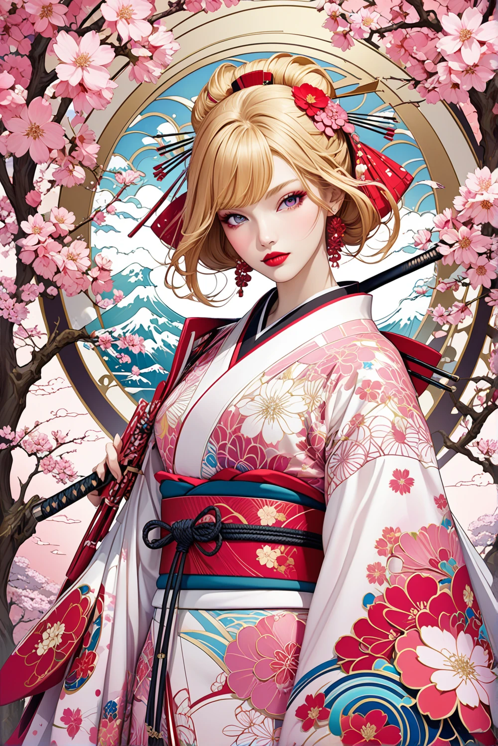 Create a surreal, yet lifelike artwork of a female samurai. The female samurai has lustrous skin, bold red lips, and golden hair in a traditional Japanese style composed of intricate colorful swirls and geometric patterns. She wears a white and pink kimono combining shades of pink, red, and white. The background is harmoniously decorated with an abundance of sakura tree and circular motifs reflecting Art Nouveau influences. The overall composition should be dreamy, bold, and richly detailed to capture the essence of artistic elegance.