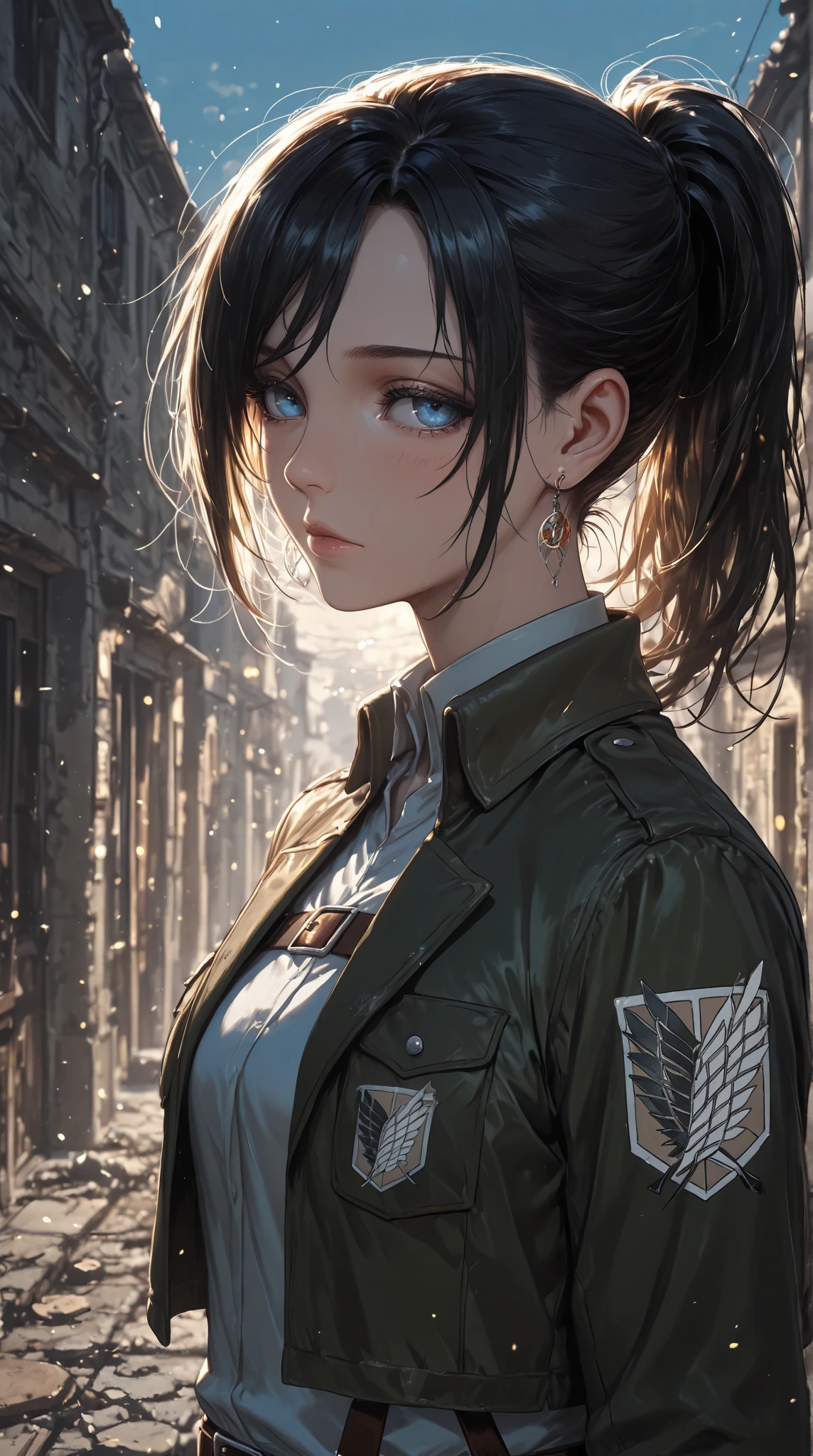 1girl, earrings, masterpiece, beautiful art, AOT Cadet 104 corps outfit, hourglass body, nice curve, aot style, black hair, long hair ponytail, bangs, colored eyelashes, backlighting, blue eyes, mouth shut, light blush, nighttime, wearing a AOT outfit from attack on titan, in a destroyed town High Resolution, Award Winning, Best Quality, High Quality, 