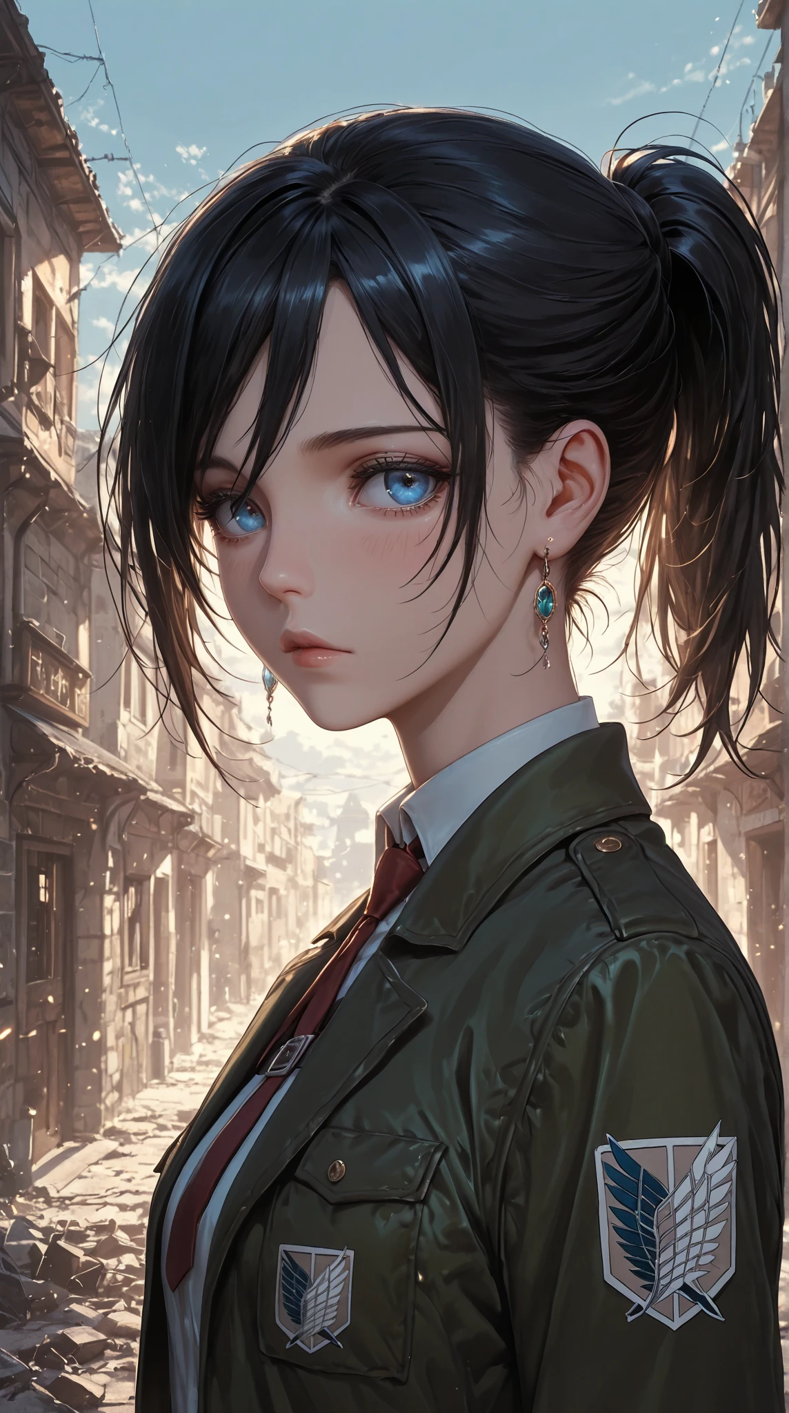 1girl, earrings, masterpiece, beautiful art, AOT Cadet 104 corps outfit, hourglass body, nice curve, aot style, black hair, long hair ponytail, bangs, colored eyelashes, backlighting, blue eyes, mouth shut, light blush, nighttime, wearing a AOT outfit from attack on titan, in a destroyed town High Resolution, Award Winning, Best Quality, High Quality, 