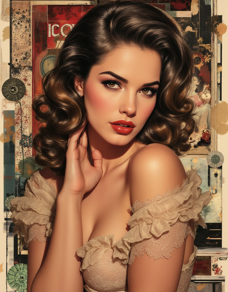 A color retro pin-up of a beautiful woman as seen from an upward point of view, in the style of Vargas, intricate details, hyper-realistic, Chiaroscuro lighting