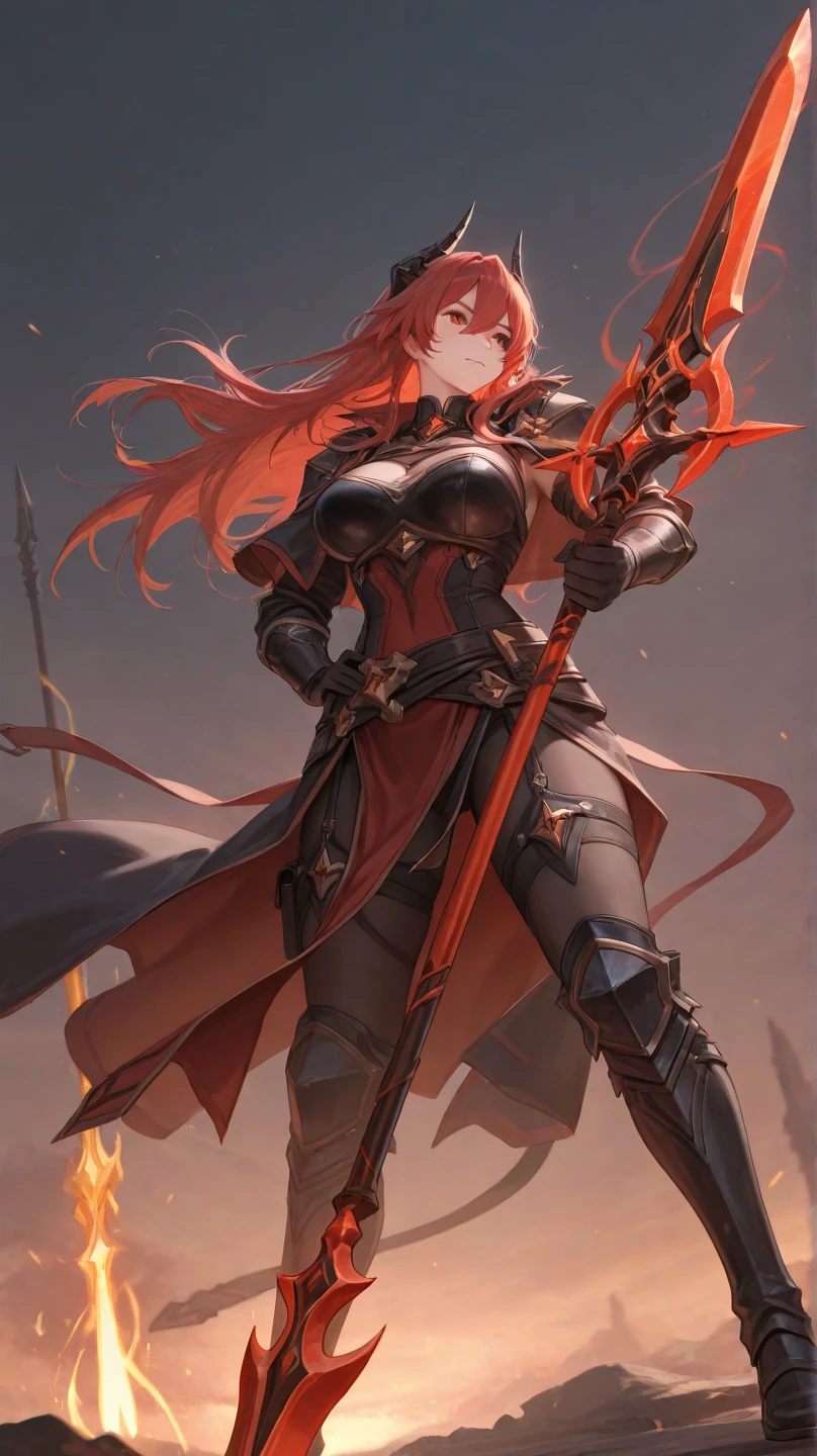 top-quality、Top image quality、masterpiece、girl with((20yr old、Best Bust、big bast、Bust 85,Red Eyes、Breasts wide open,Long twin tails with glowing red hair、A slender、Large valleys、Red dress、Red Magma Armor,Reflecting the whole body、Glowing Red Greatsword、High Heat Chain Accessories))、hiquality、Beautiful Art、Background with((Red sky、lava、the magma、Erupted volcanoes、Meteorites falling from the sky、Meteor))、masutepiece、visualart、depth of fields、