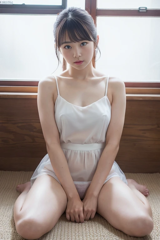 1 Japanese girl,standing,blushing and embarrassed face,summer casual style,very classy girl,white blouse,white flare skirt,white choker,white high heels,((Full body:1.2,Voyeur from the side:1.2)),slim body shape,from below,realistic,best quality,ultra-detailed,high resolution,beautiful white skin,(looking ahead:1.2),flooring room
