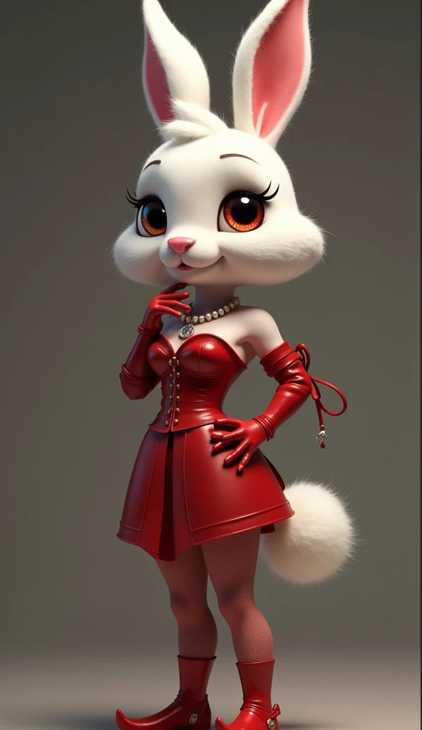 furry cream bunny, knight, shiny latex tight sexy costume, proudly, artistic pose, petite body, large hips, lower edge of leotard, long fluffy fur, latex stockings, booty, folds on costume, short pants, (red leotard:1.5), wide crotch