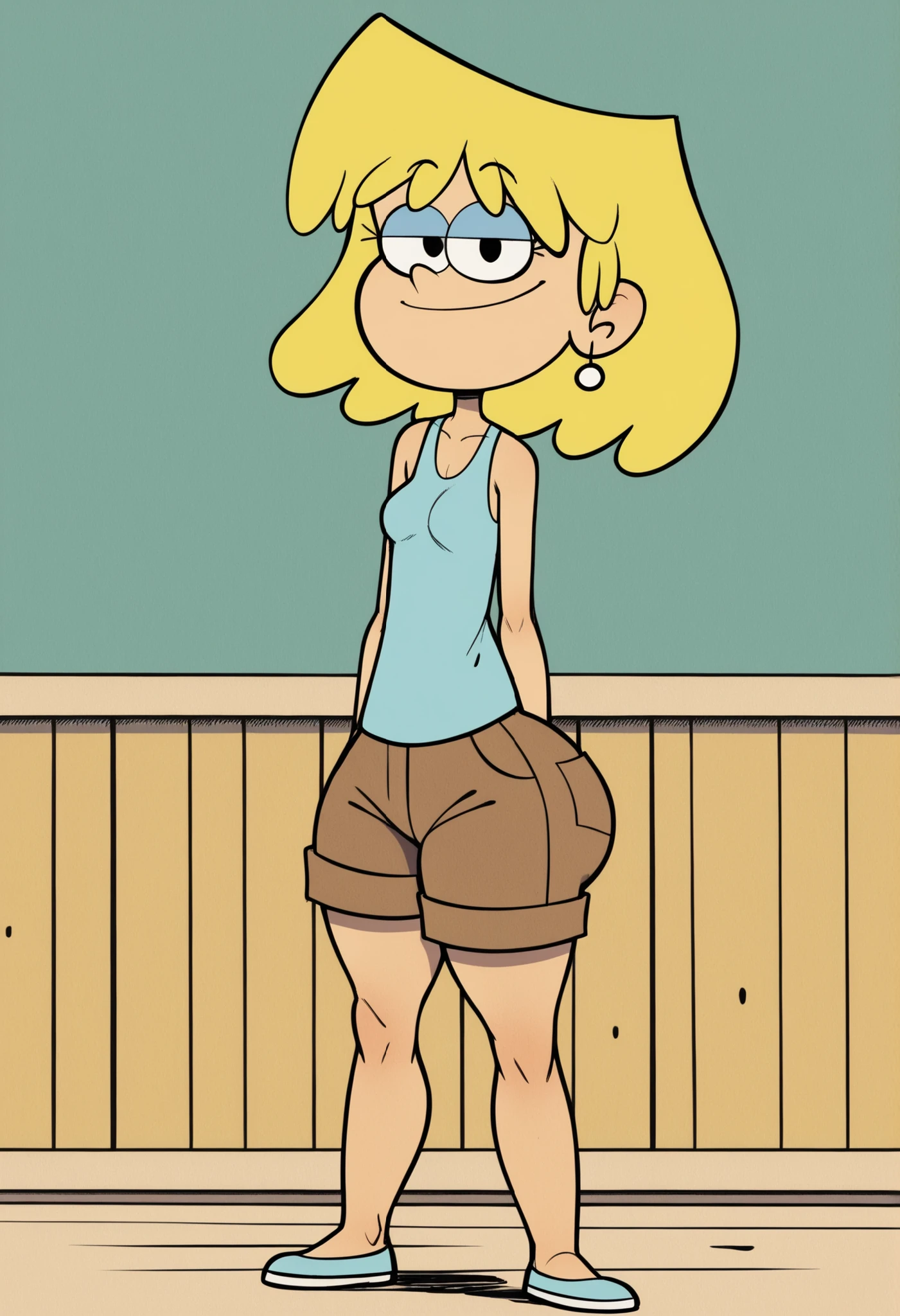 pov, loud, blonde hair, white earrings, blue tank-top, bare shoulders, classroom, blue eyeshadow, double handjob, notebook