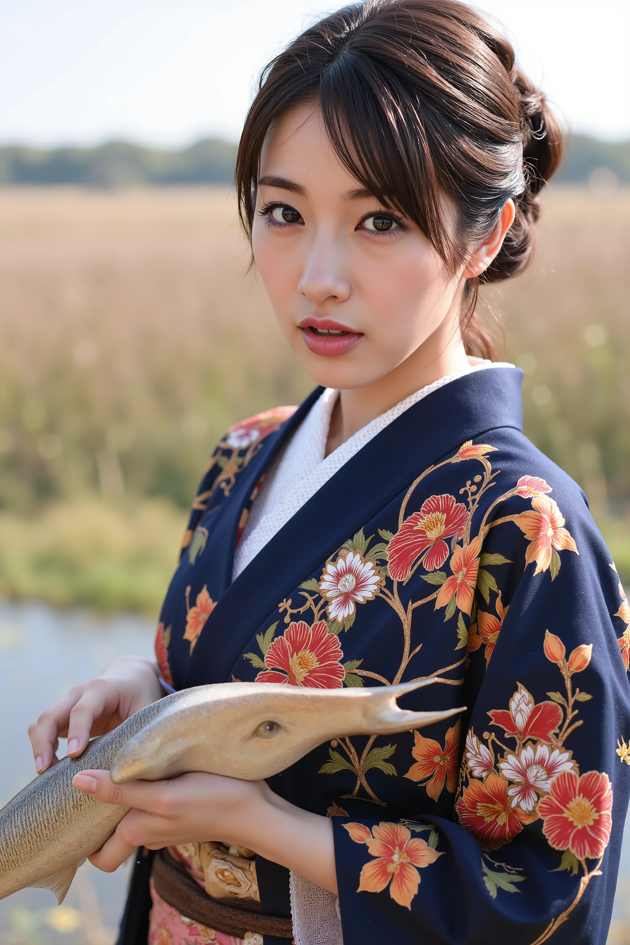(masterpiece:1.5),beautiful hair,Beautiful Eyes,beautiful lips,Beautiful slender body,(Konno Anna:1.2),(Riho Yoshioka:1.1),(in the Imperial Court:1.3),(Riverside:1.4),bust illustration from the front ,((((An Extraordinary Beauty:1.7)))),(((( kimono,jacket,Taisho Romance:1.5)))),((19-year-old single woman holding a fish in her hand:1.1)),(accurately depicted anatomically correct hands:1.1)black hair,long lashes,Three-dimensional, jewel-like eyes,Very delicate and beautiful CG,2. 5D illustration, anatomically accurate body, (very precise illustration:1.1),(Outdoors:1.4), (wallpaper:1.4),8k